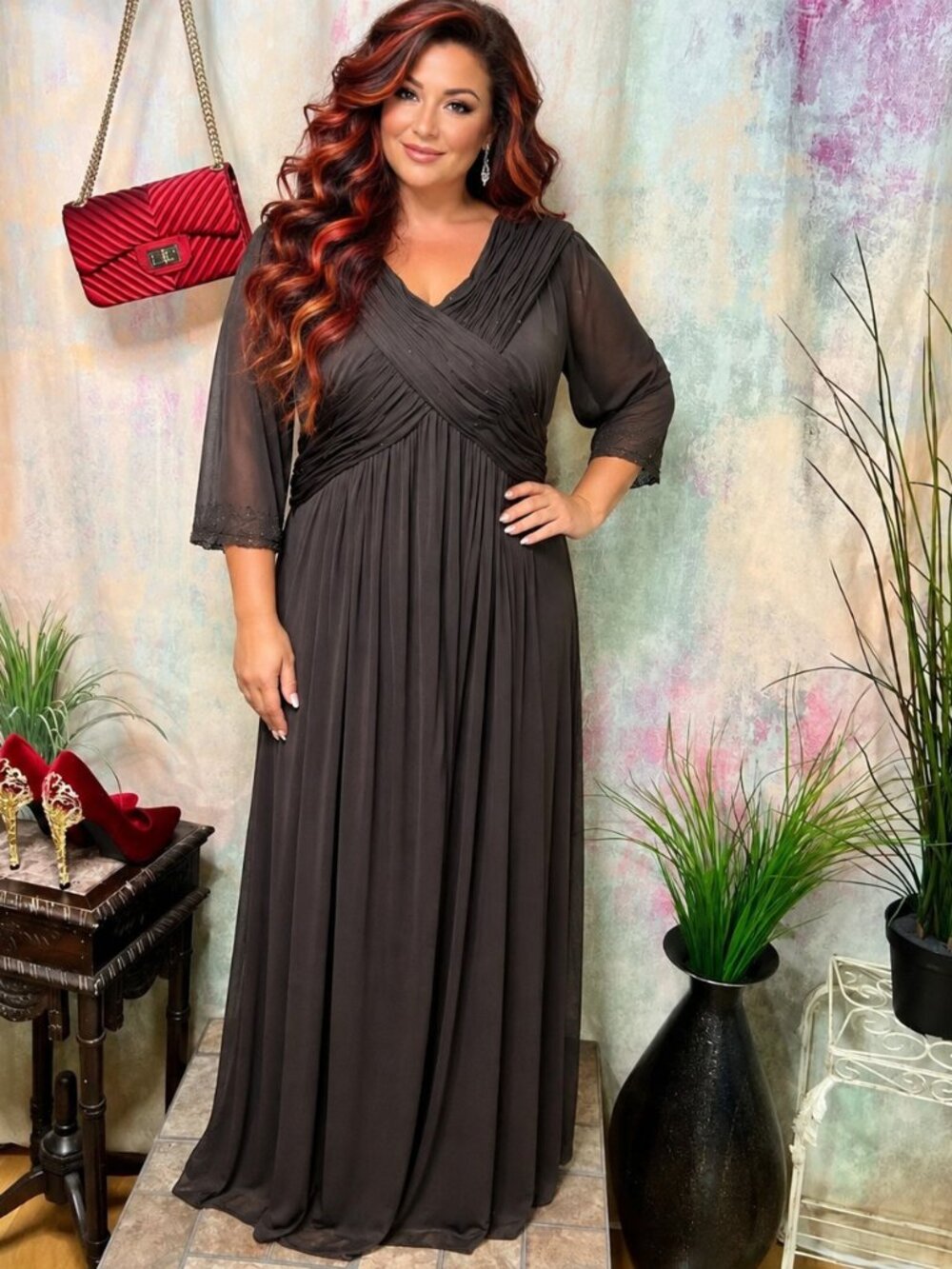 📌Jessica London 3/4 Sleeves V-Neckline Mother of the Bride - Formal Dress
